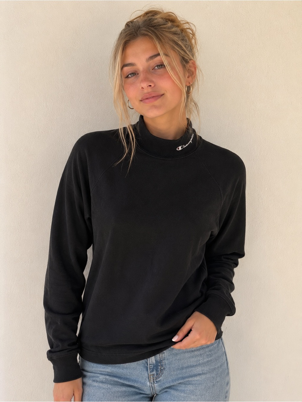 Champion Black Mock Neck Sweatshirt with Logo Collar